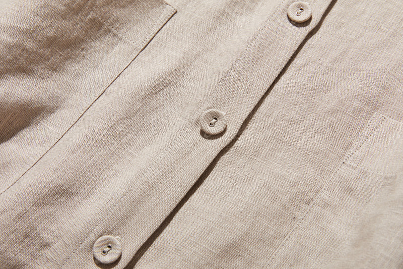 季節を超えて活躍する フレンチリネンの前開きシャツワンピース　　250409