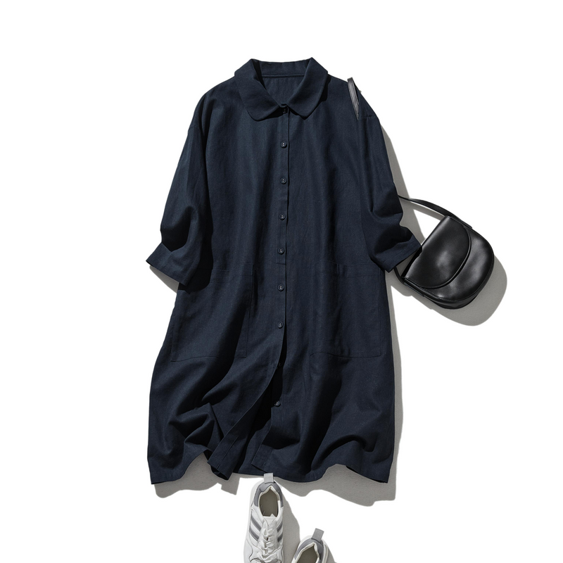 季節を超えて活躍する フレンチリネンの前開きシャツワンピース　　250409