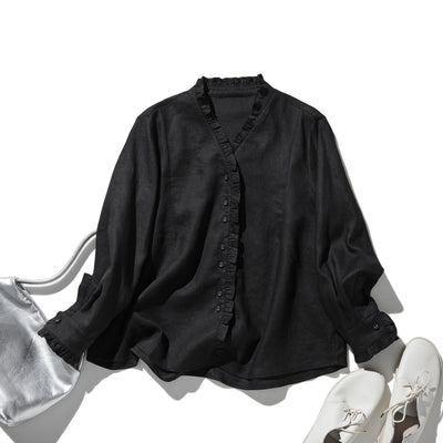 フリルデティールの立体裁断シャツ 　長袖　リネンシャツブラウス　　 250809