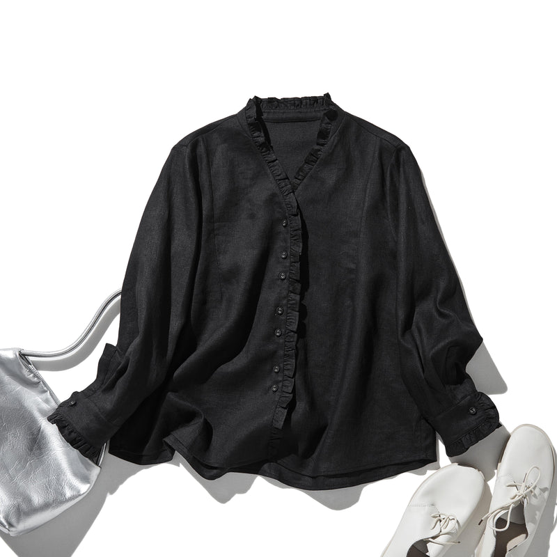 フリルデティールの立体裁断シャツ 　長袖　リネンシャツブラウス　　 250809