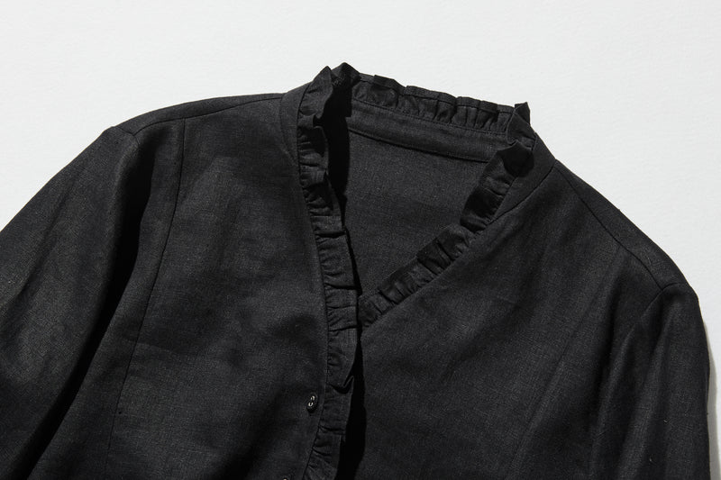 フリルデティールの立体裁断シャツ 　長袖　リネンシャツブラウス　　 250809