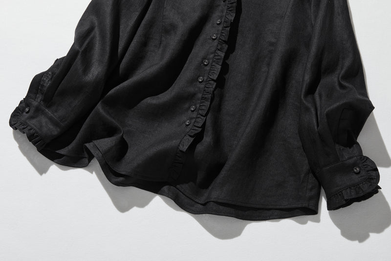 フリルデティールの立体裁断シャツ 　長袖　リネンシャツブラウス　　 250809