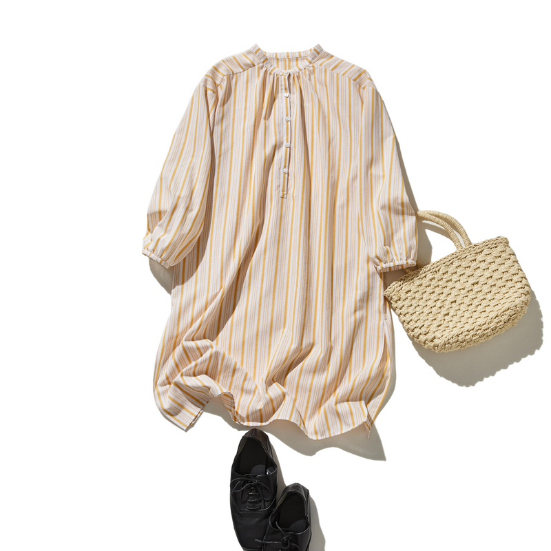 【春～秋まで着回し可】ゆとりシルエット ストライプ チュニックワンピース　250416-1