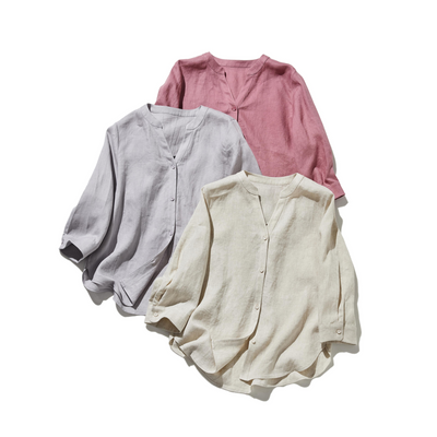 着るほどに味わい深い フランスリネン こだわりVネックシャツ 　250421