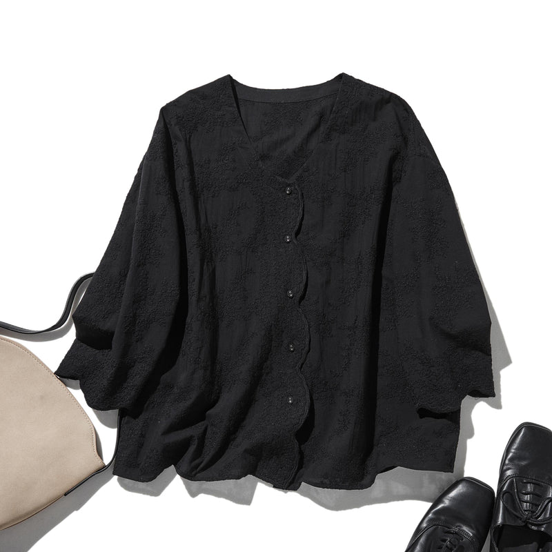 優雅で快適な七分袖レースカーディガン　刺繍コットン100％　　250511