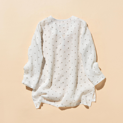 実用性とおしゃれを兼ね備えた水玉ブラウス　チュニック 麻100％　250423-1