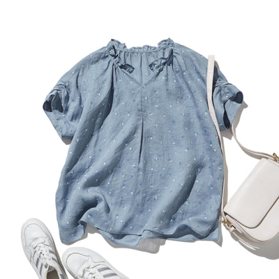 真夏にも涼しく着れる麻のブラウス　プリントブラウス　250606