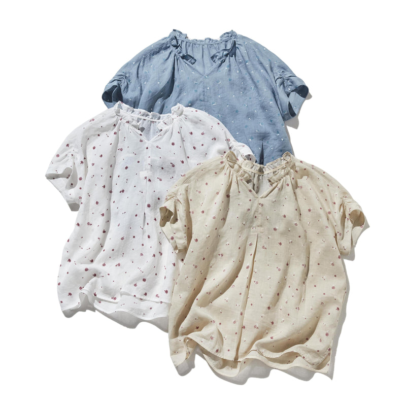 真夏にも涼しく着れる麻のブラウス　プリントブラウス　250606