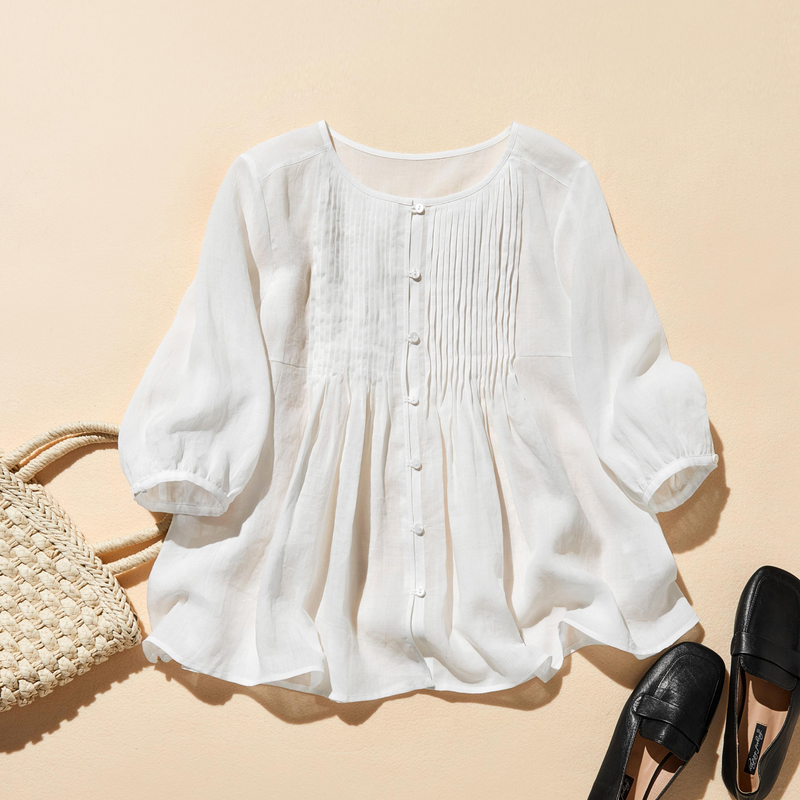 ふんわりAラインが可愛い！ 風通し良く夏らしい麻ブラウス ピンタック入りブラウス　　250422