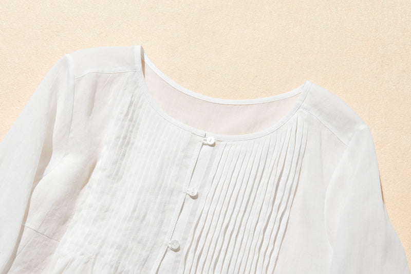 ふんわりAラインが可愛い！ 風通し良く夏らしい麻ブラウス ピンタック入りブラウス　　250422