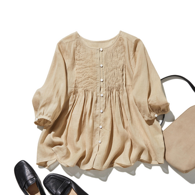 ふんわりAラインが可愛い！ 風通し良く夏らしい麻ブラウス ピンタック入りブラウス　　250422