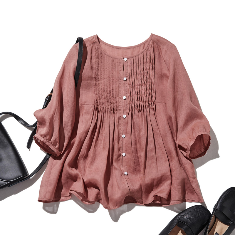 ふんわりAラインが可愛い！ 風通し良く夏らしい麻ブラウス ピンタック入りブラウス　　250422