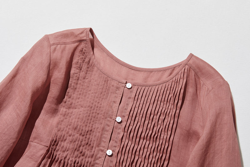 ふんわりAラインが可愛い！ 風通し良く夏らしい麻ブラウス ピンタック入りブラウス　　250422