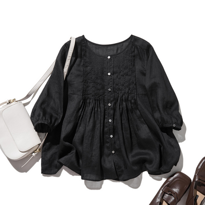 ふんわりAラインが可愛い！ 風通し良く夏らしい麻ブラウス ピンタック入りブラウス　　250422