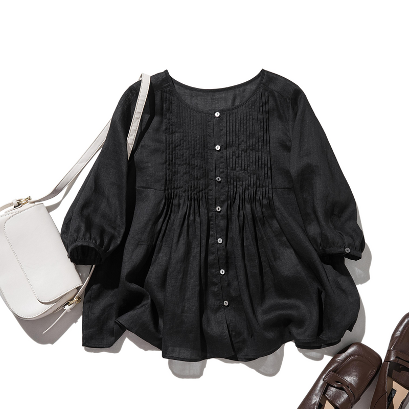 ふんわりAラインが可愛い！ 風通し良く夏らしい麻ブラウス ピンタック入りブラウス　　250422