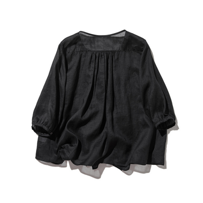 ふんわりAラインが可愛い！ 風通し良く夏らしい麻ブラウス ピンタック入りブラウス　　250422