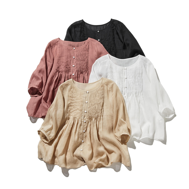 ふんわりAラインが可愛い！ 風通し良く夏らしい麻ブラウス ピンタック入りブラウス　　250422