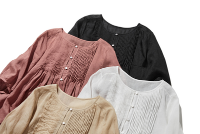 ふんわりAラインが可愛い！ 風通し良く夏らしい麻ブラウス ピンタック入りブラウス　　250422