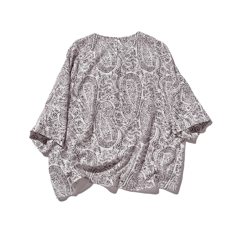 上品なカシュー柄7分袖ブラウス ゆったりシルエット プルオーバー テンセル リネン250502-1