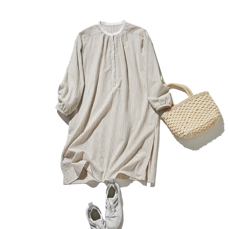 年中着回し可能　ストライプワンピース　コットンリネン 　チュニック 　 250417