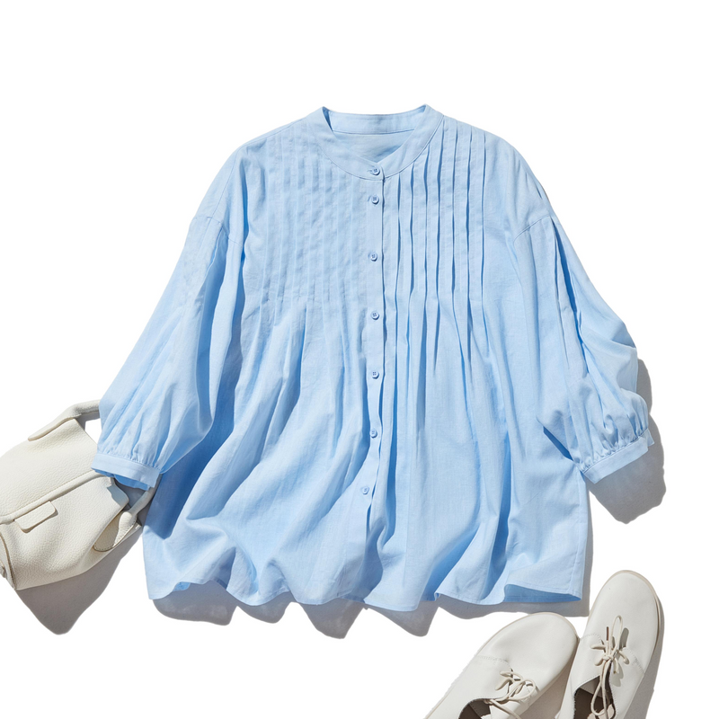 表情を豊かに魅せてくれるピンタック入りブラウス　7分袖　コットンリネン 250425