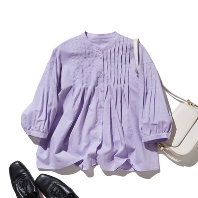 表情を豊かに魅せてくれるピンタック入りブラウス　7分袖　コットンリネン 250425