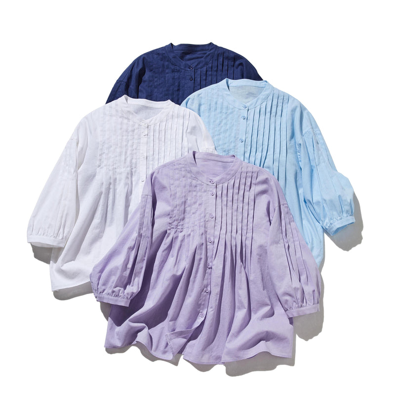 表情を豊かに魅せてくれるピンタック入りブラウス　7分袖　コットンリネン 250425