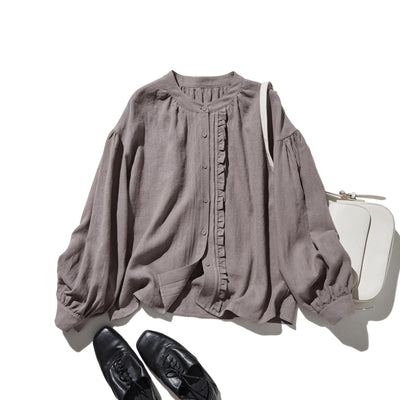 ふんわりアシンメトリー 麻100％カーディガン　長袖ブラウス　　250814