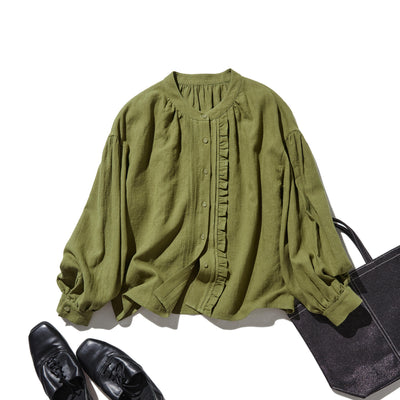 ふんわりアシンメトリー 麻100％カーディガン　長袖ブラウス　　250814