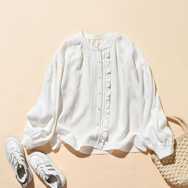 ふんわりアシンメトリー 麻100％カーディガン　長袖ブラウス　　250814