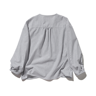 クラシカルなフリルデザインのストライプシャツ　綿麻シャツブラウス　　250419