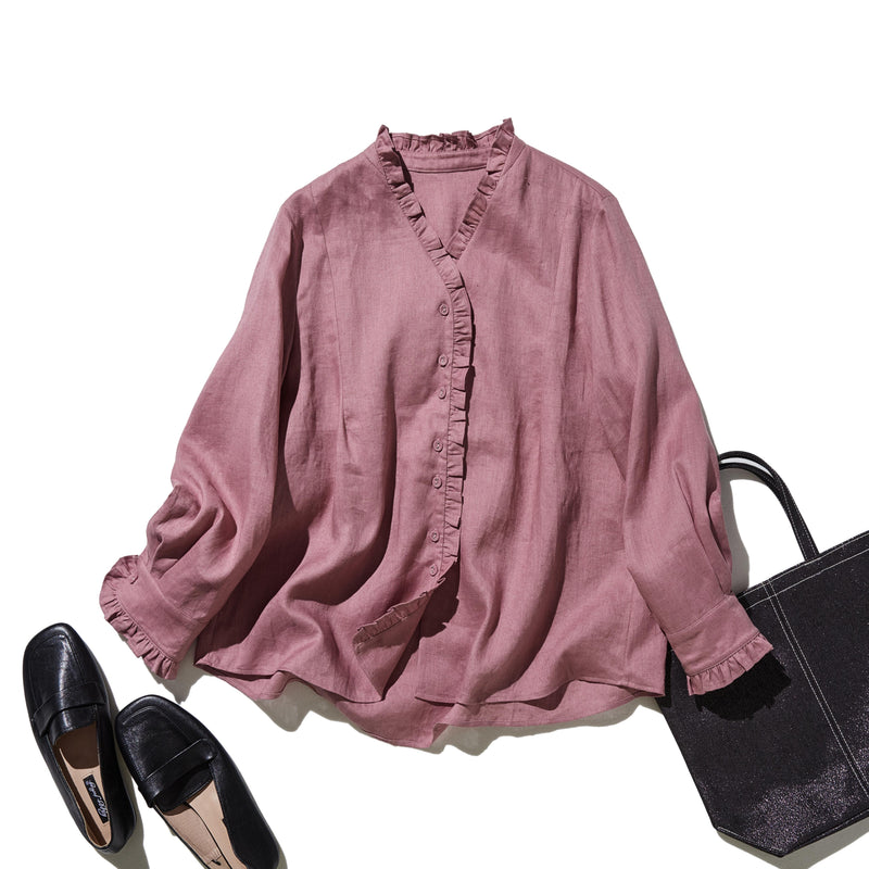 フリルデティールの立体裁断シャツ 　長袖　リネンシャツブラウス　　 250809