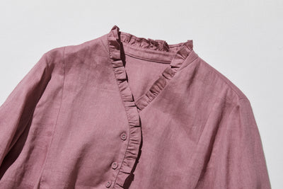 フリルデティールの立体裁断シャツ 　長袖　リネンシャツブラウス　　 250809