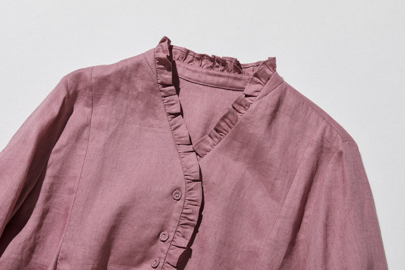 フリルデティールの立体裁断シャツ 　長袖　リネンシャツブラウス　　 250809