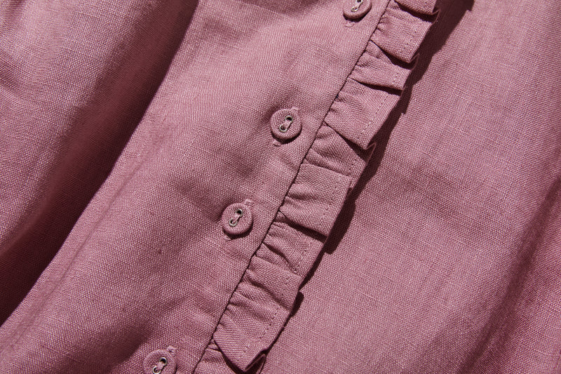 フリルデティールの立体裁断シャツ 　長袖　リネンシャツブラウス　　 250809