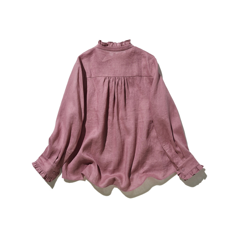 フリルデティールの立体裁断シャツ 　長袖　リネンシャツブラウス　　 250809