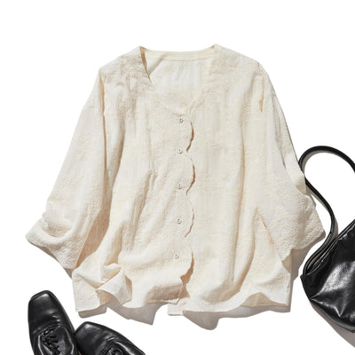 優雅で快適な七分袖レースカーディガン　刺繍コットン100％　　250511