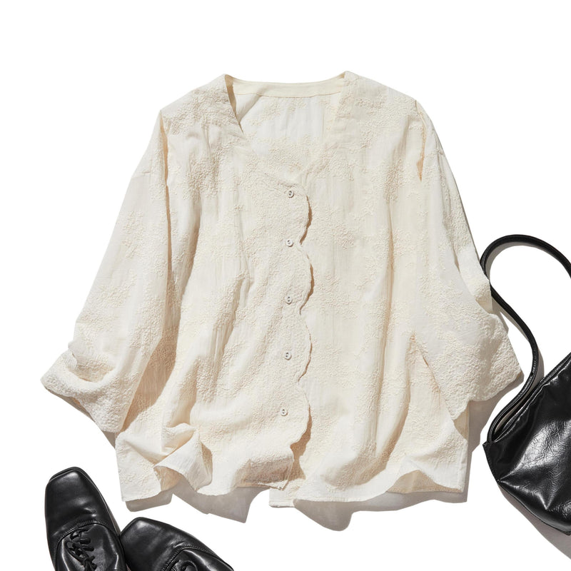 優雅で快適な七分袖レースカーディガン　刺繍コットン100％　　250511