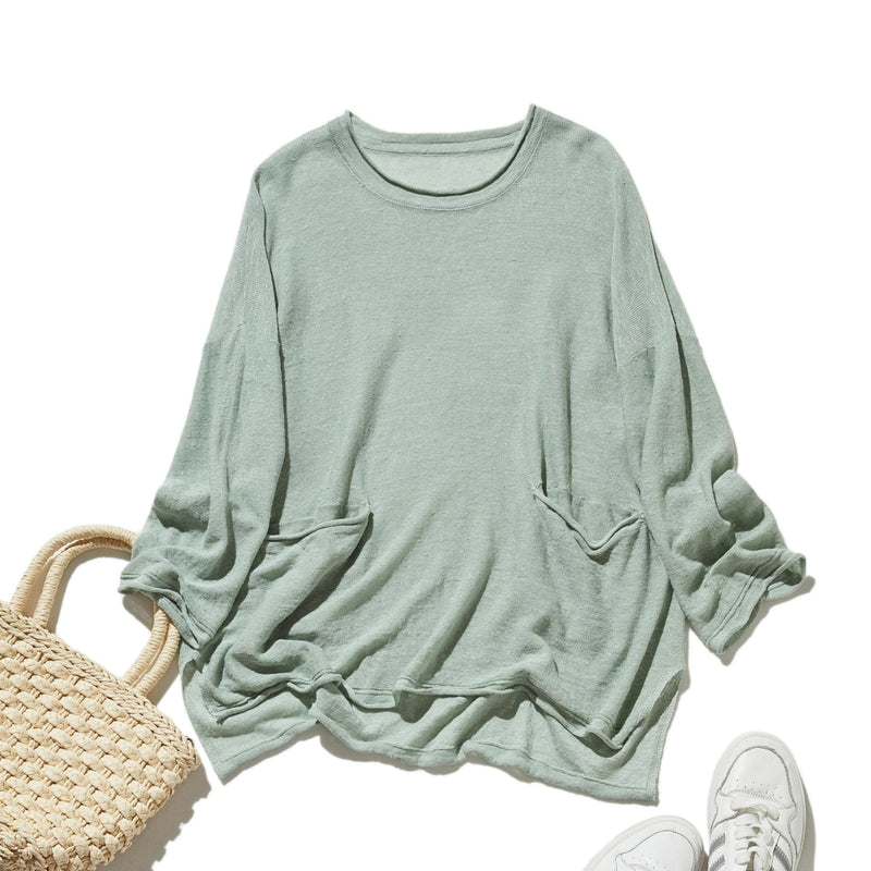 【特別価格】通年快適プルオーバー リネン100％　９分袖リネンニット　250508