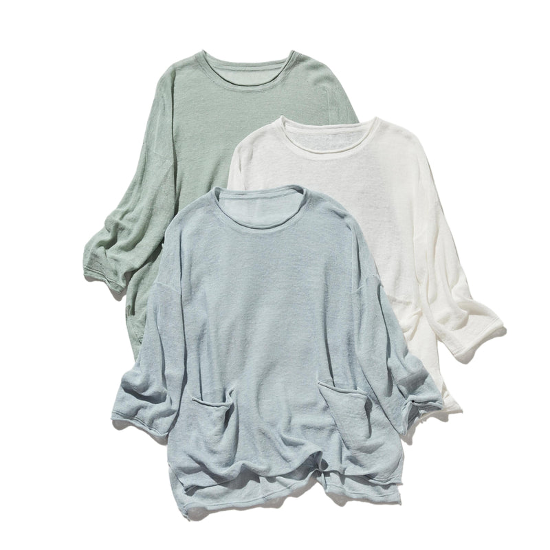 【特別価格】通年快適プルオーバー リネン100％　９分袖リネンニット　250508