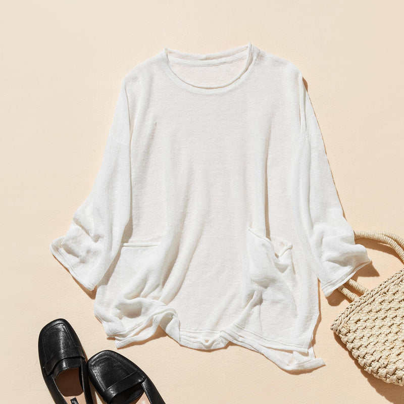 【特別価格】通年快適プルオーバー リネン100％　９分袖リネンニット　250508