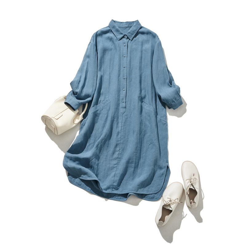 A sophisticated shirt dress made from 100% linen with long sleeves. Product code: 240904 