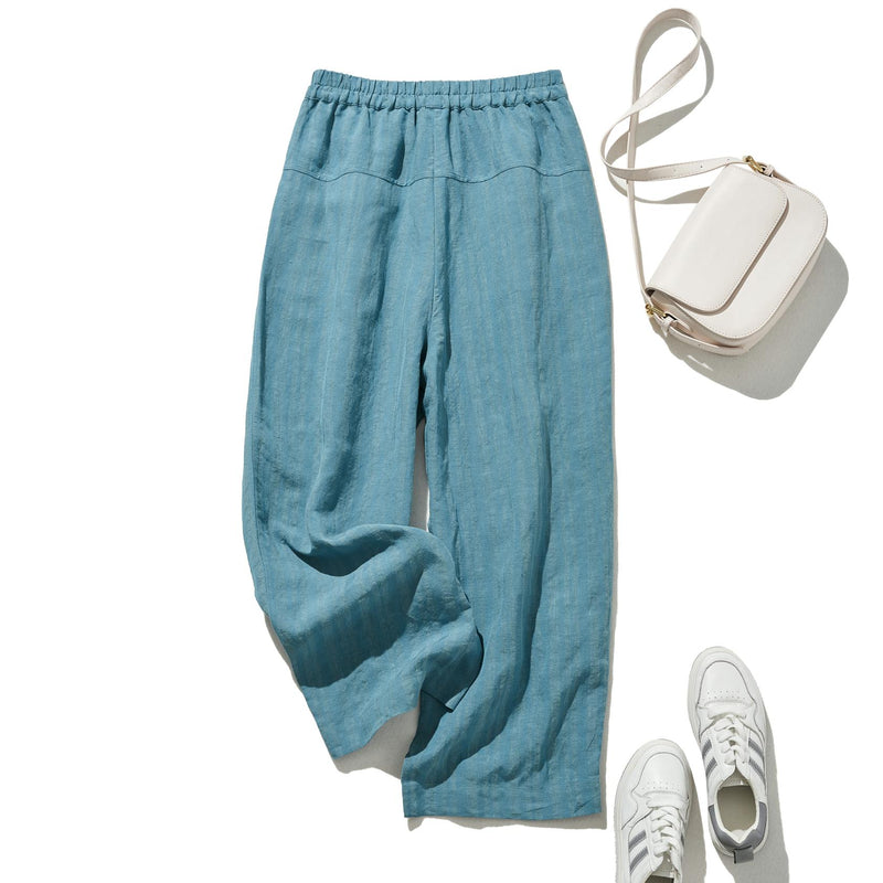 清涼感のあるナチュラルな雰囲気のリネンパンツ　ストライプ　ロングパンツ　青　240520-1