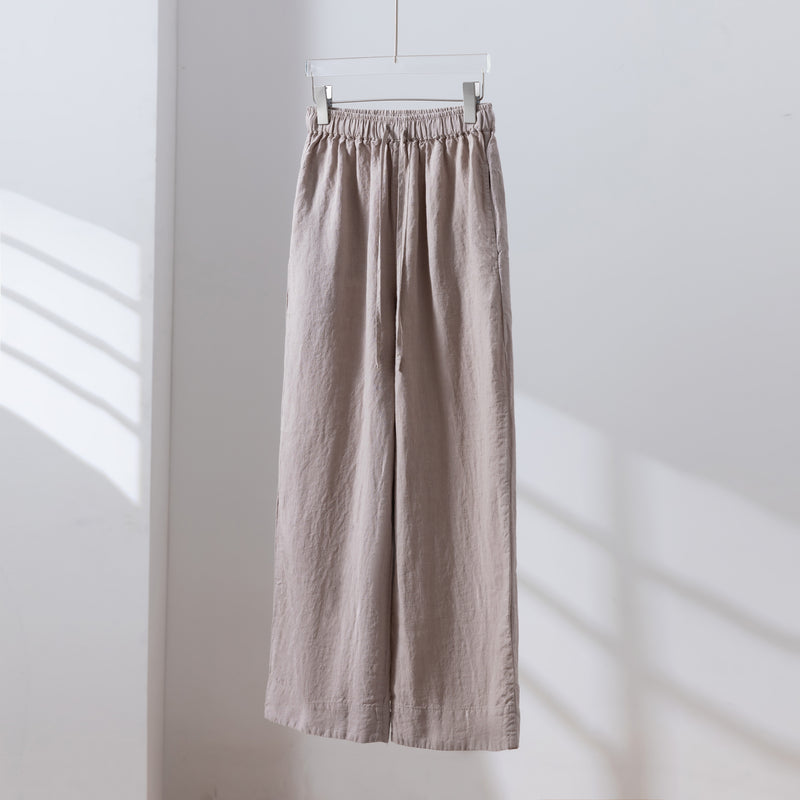 【季節を超えて愛用】高級厚手リネン ワイドストレートパンツ　ロングパンツ　250905