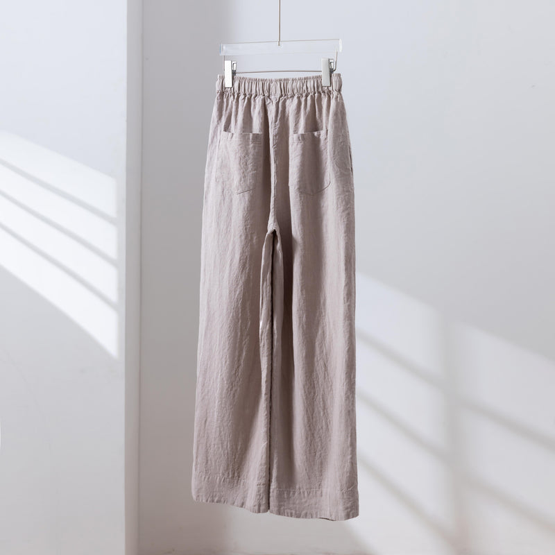 【季節を超えて愛用】高級厚手リネン ワイドストレートパンツ　ロングパンツ　250905