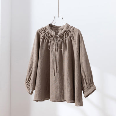 ハンドメイド感たっぷりのチュックドブラウス　 リネン100％　リネンブラウス ピンク　250810