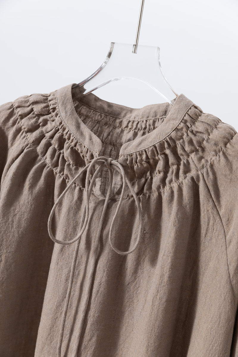 ハンドメイド感たっぷりのチュックドブラウス　 リネン100％　リネンブラウス ピンク　250810