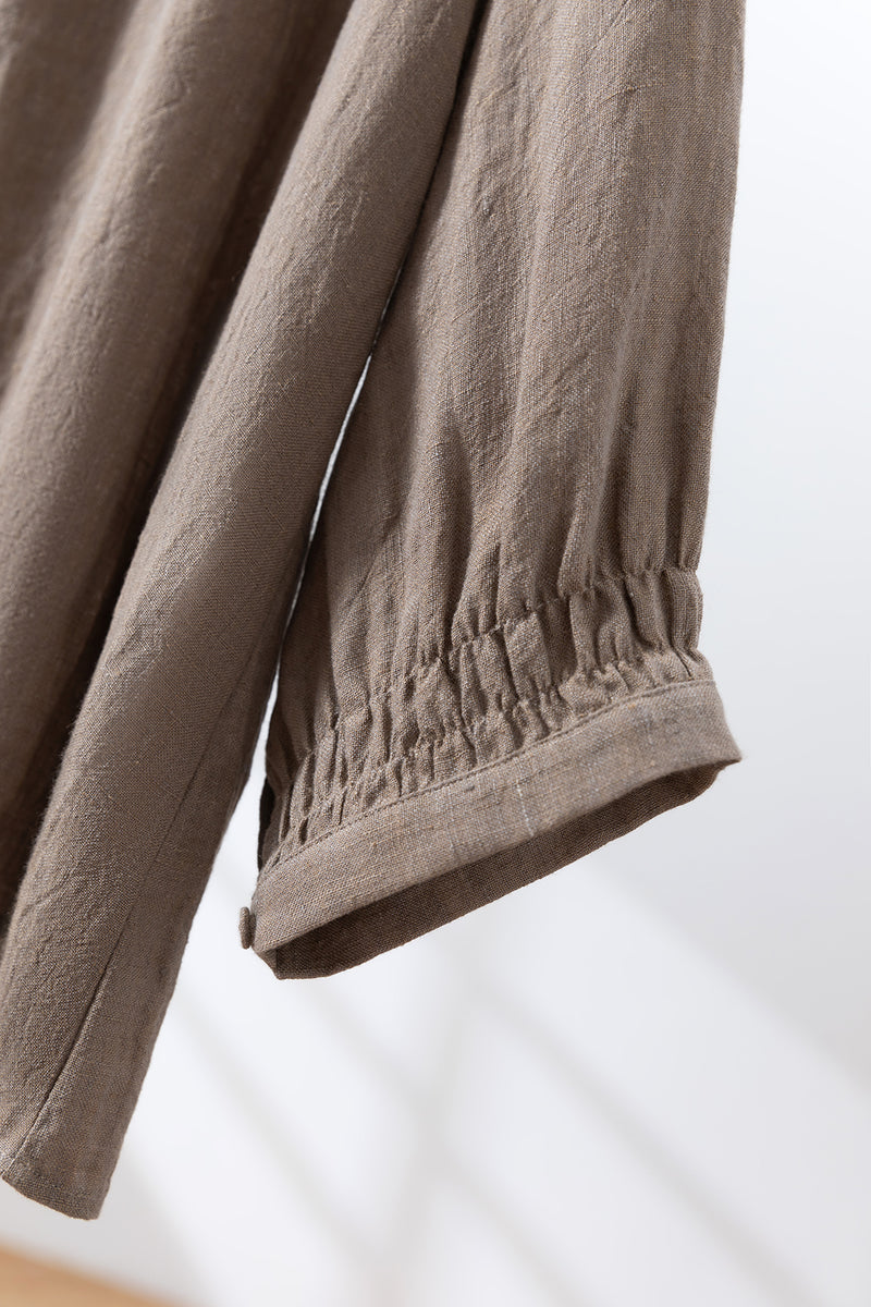 ハンドメイド感たっぷりのチュックドブラウス　 リネン100％　リネンブラウス ピンク　250810