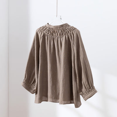 ハンドメイド感たっぷりのチュックドブラウス　 リネン100％　リネンブラウス ピンク　250810