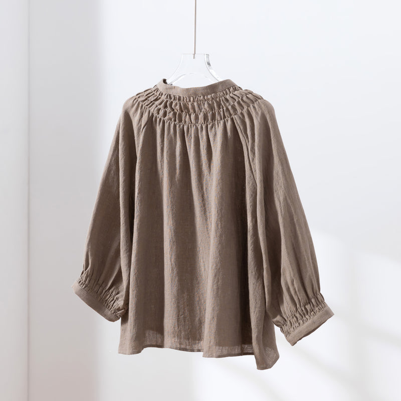 ハンドメイド感たっぷりのチュックドブラウス　 リネン100％　リネンブラウス ピンク　250810